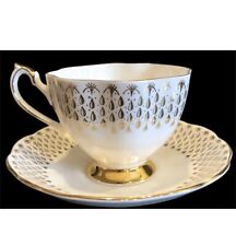 RARE Queen Anne “ Dutchess Raindrops” White & Gold Teacup & Saucer Black Crown picture