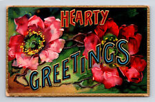 1909 Gold Border Red Flowers Poppy Hearty Greetings Napoleon OH Postcard picture
