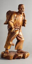 Antique Chinese Carved Boxwood Figure Of A Fisherman With Large Carp Fish 8.25