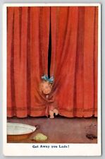 Cute Girl Blue Bow Behind Curtain Get Away You Lads A/S Gilson Postcard U22 picture