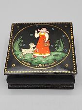 Vtg Russian Lacquer Square TRINKET BOX Hand Painted Girl Goat Fairy Tale picture