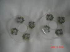 PRETTY PAIR Vtg. GLASS CANDLE BOBECHES / CANDLE WAX CATCHERS Holly & Flowers picture