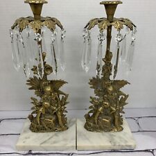 Antique Brass Tabletop Candle Holders With Glass Prisom picture