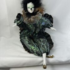 Porcelain Mardi Gras Sitting Doll- Black & Fish Metallic Blues Green Vintage 14