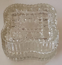 Vintage Square Button & Cane Pattern Pressed Glass Trinket Box 2 1/2” X 1 1/2” picture