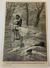 1886 magazine engraving ~ MAN AND WOMAN RIDING BICYCLE THROUGH THE CREEK picture