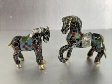 2 Miniature Black Cloisonné Enamel Horses Figurine 3