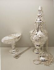 Ornate Silver Plated French Angel Censer (thurible) & Boat & Spoon, #141S + #22S picture