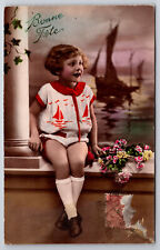 Vintage C1920 Postcard French Girl with Red Sailboat Outfit picture