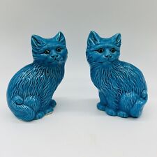 Pair of Antique Majolica Chinese Blue Porcelain Cat Figurine Sculptures picture