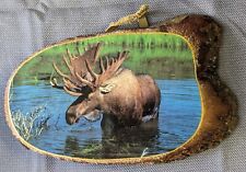 Vintage 70's Moose Pine Wood Live Edge Decoupage Wall Plaque Made In USA 4x8