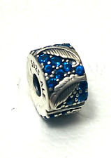 New Pandora Blue Carved Feather Pave Clip Charm Bead w/pouch Bracelet Pendent picture