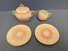 Vintage Porcelain White & Pink Tea Cup, Saucers and Covered Sugar Bowl, Embossed picture