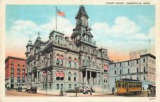 Zanesville OH Ohio, Court House Building, Trolley Street Scene, Vintage Postcard picture