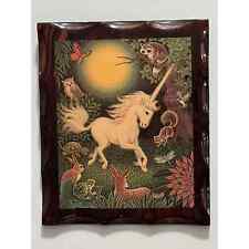 Rare Find Vintage Signed 1970s Unicorn Wall Art by K. Chin, Wood Plaque 12x10
