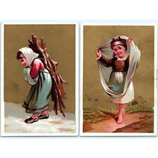 x2 LOT c1880s NICE Bright Litho Girl Series Walk Winter Stock Trade Card C14 picture