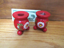 2 VTG Swedish Wood Scandinavian Holiday Christmas Candle Holders Red Floral  3