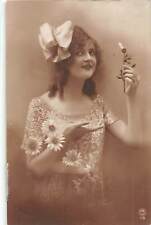 1921 Sepia-Toned French Real Photo Postcard-Lovely Lady Picking Daisy Petals picture
