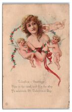 Postcard - Valentine's Day Valentine Greeting Lady With Three Chrubs posted 1923 picture
