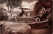 Vintage Toot N Be Darned Auto Car Behind Horse and Carriage Postcard 1900s [ag] picture