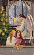 Vintage Christmas Greetings Postcard Early 1900s Angel Playing Organ Girls Sing picture