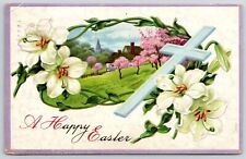 1911 Happy Easter Greetings Card Greenfield Lying Cross White Flowers, Postcard picture