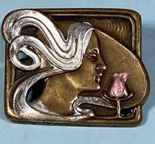 Art Nouveau Style Brass & Enameled Woman's Head & Flower Pin Brooch picture