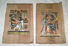 VINTAGE PAIR EGYPTIAN WATERCOLOR AND INK DRAWINGS ON PAPYRUS-DEITIES+HIEROGLYPHS picture
