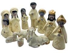 Vintage Mexican Nativity Set Figurines Pottery Cream Gold Hand Painted Set of 13 picture