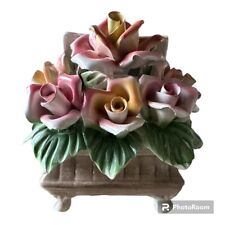 Vintage CAPODIMONTE  FLOWER CHEST PINK& YELLOW ROSES PORCELAIN SCULPTURE picture