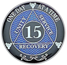 AA 15 Year Coin Blue, Silver Color Plated Medallion, Alcoholics Anonymous Coin picture