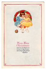 Merry Merry Christmas Greetings c1920's young girl and her doll, embossed picture