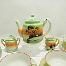 Vintage Japanese Child Tea Set 4 Trico Nagoya Japan Hand Painted Green 17 Pieces picture