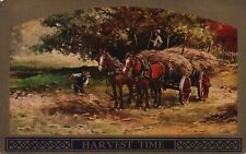 Vintage Postcard 1910's Harvest Time Farming Hay Carried By Horses picture