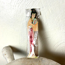 Vintage Chinese Geisha Wood Comb Hand Carved Painted Girl Woman Original Package picture