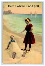 c1910's Girl And Boy At The Beach Sand Cottage Boat Posted Antique Postcard picture