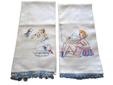 VINTAGE EMBROIDERED HUCK TOWELS GIRLS BATHING SUITS BLUE CROCHET EDGE picture