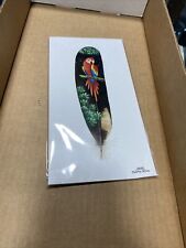Costa Rica Hand Painted Artist Signed Long Tailed Parrot Macaw on Feather Framed picture