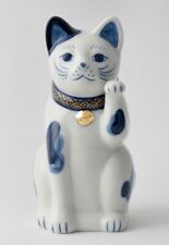 Japanese Hand Painted Lucky Cat SETO Maneki Neko 14.5cm Left-Hand Blue & White picture