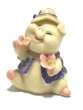 Vintage Heavy Resin Happy Pig Holding Flower picture