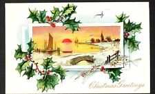 Postcard Raphael Tuck Christmas Greetings c1908 Holly Series Sunrise over Lake picture