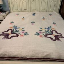 VTG 1950s Chenile Bedspread white with Purple Butterflies Mixed Color Flowers picture