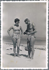 1960s Shirtless Guy Trunks Bulge Beefcake Man Pretty Girl In Bikini Vtg Photo picture