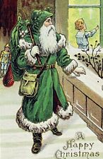 C. 1910 Santa Claus Green Outfit Carrying Bag Toys Gold Decorations Postcard picture