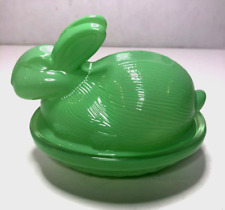 Jadeite Bunny Rabbit Green Glass covered candy trinket ring dish 4 1/2” picture