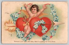 Postcard Valentine's Day Cupid Cherub Angel Hearts Arrow Flowers picture