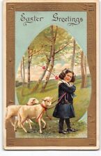 1910s Arts & Crafts Easter~Beautiful Child w Farm Animals Postcard Lamb Sheep-L5 picture