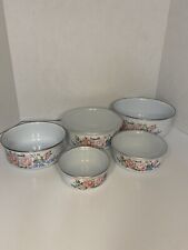 Vintage Porcelain Enamel Nesting Bowls Pink Rose Floral Kitchen Set of 5 w/ Lids picture