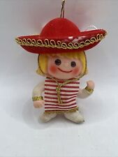 Vintage Hard Plastic Flocked Made In Japan Ornament Boy With Sombrero 4” picture
