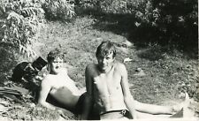 Shirtless Handsome young men couple bulge beach trunks gay vtg photo picture